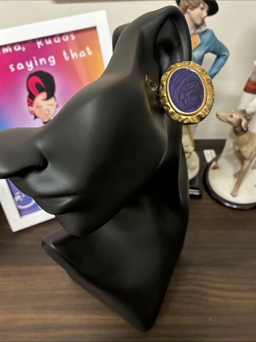 Gold-Tone Purple Oval Statement Clip-On Doorknocker Earrings - Maximalist